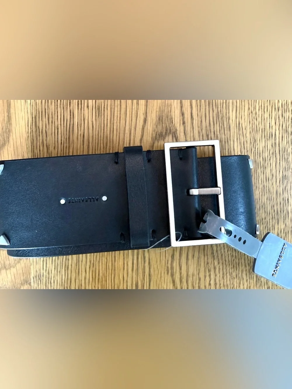 AllSaints Black Genuine Leather / Elastic Belt Silver Buckle Studded NWT
